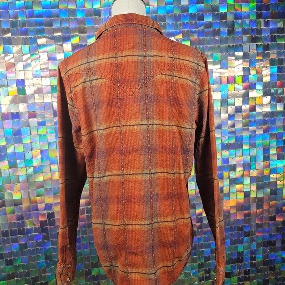 Bit & Bridle Western Plaid Snap Front Shirt Womens XL Orange Brown Cotton Dobby - Picture 8 of 10